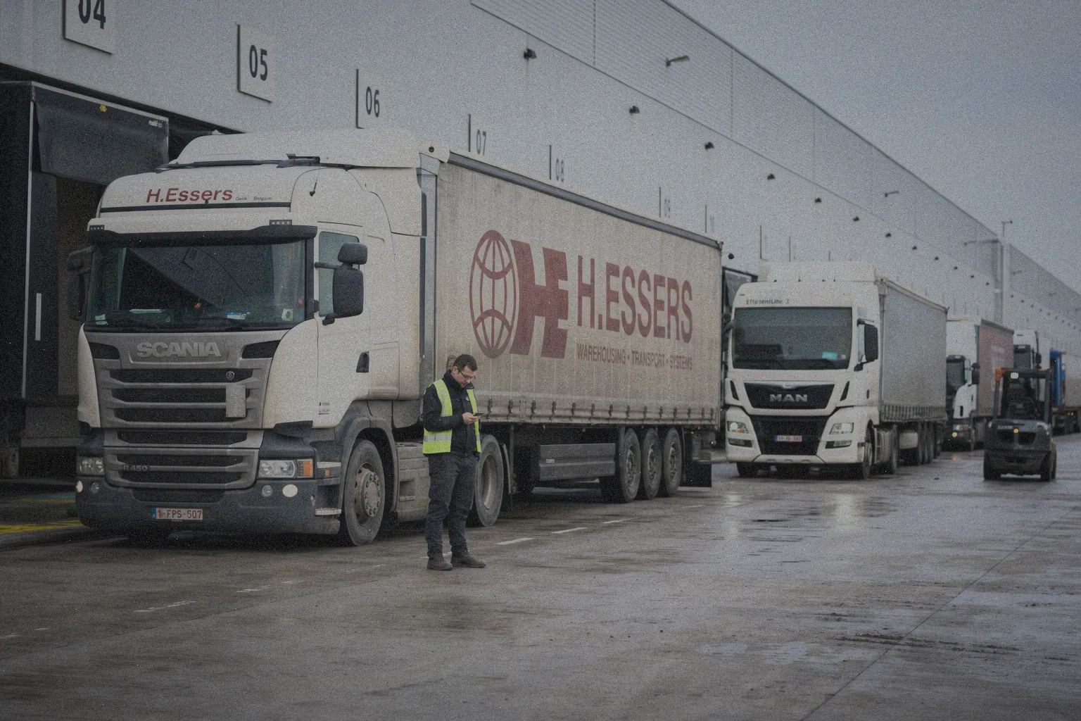Kierowca w kamizelce odblaskowej sprawdza awizację w aplikacji mobilnej, ciężarówki ustawione przy numerowanych rampach magazynowych o poranku