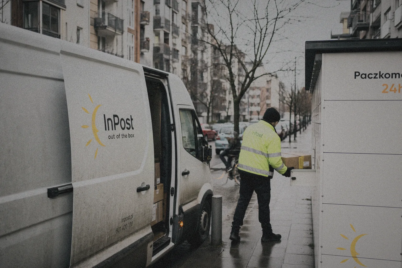 Kurier w kamizelce odblaskowej wkłada paczki do paczkomatu z dostawczego busa na miejskiej ulicy